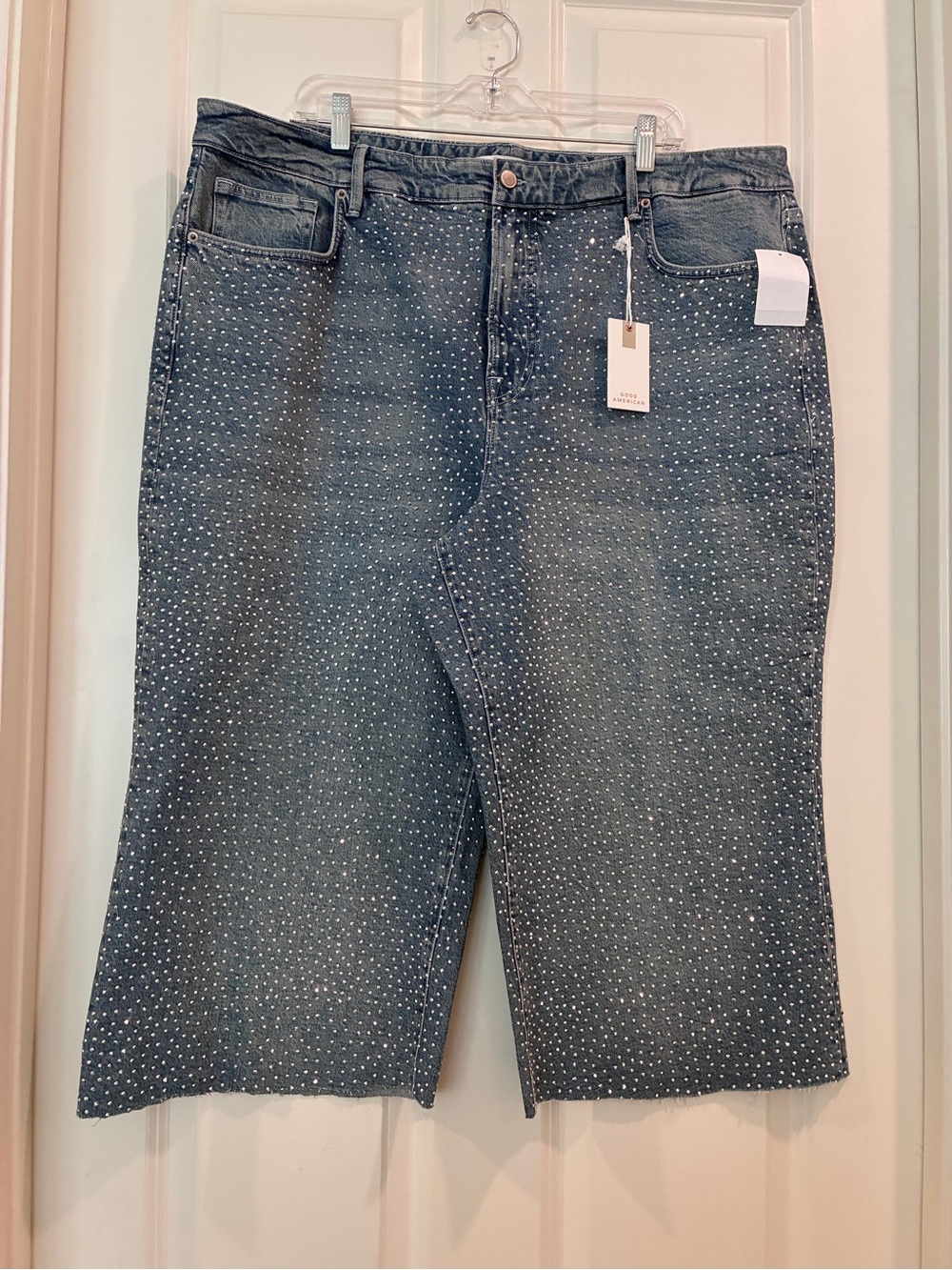 Good American Light Blue Straight-Leg Jeans with Rhinestone Dots